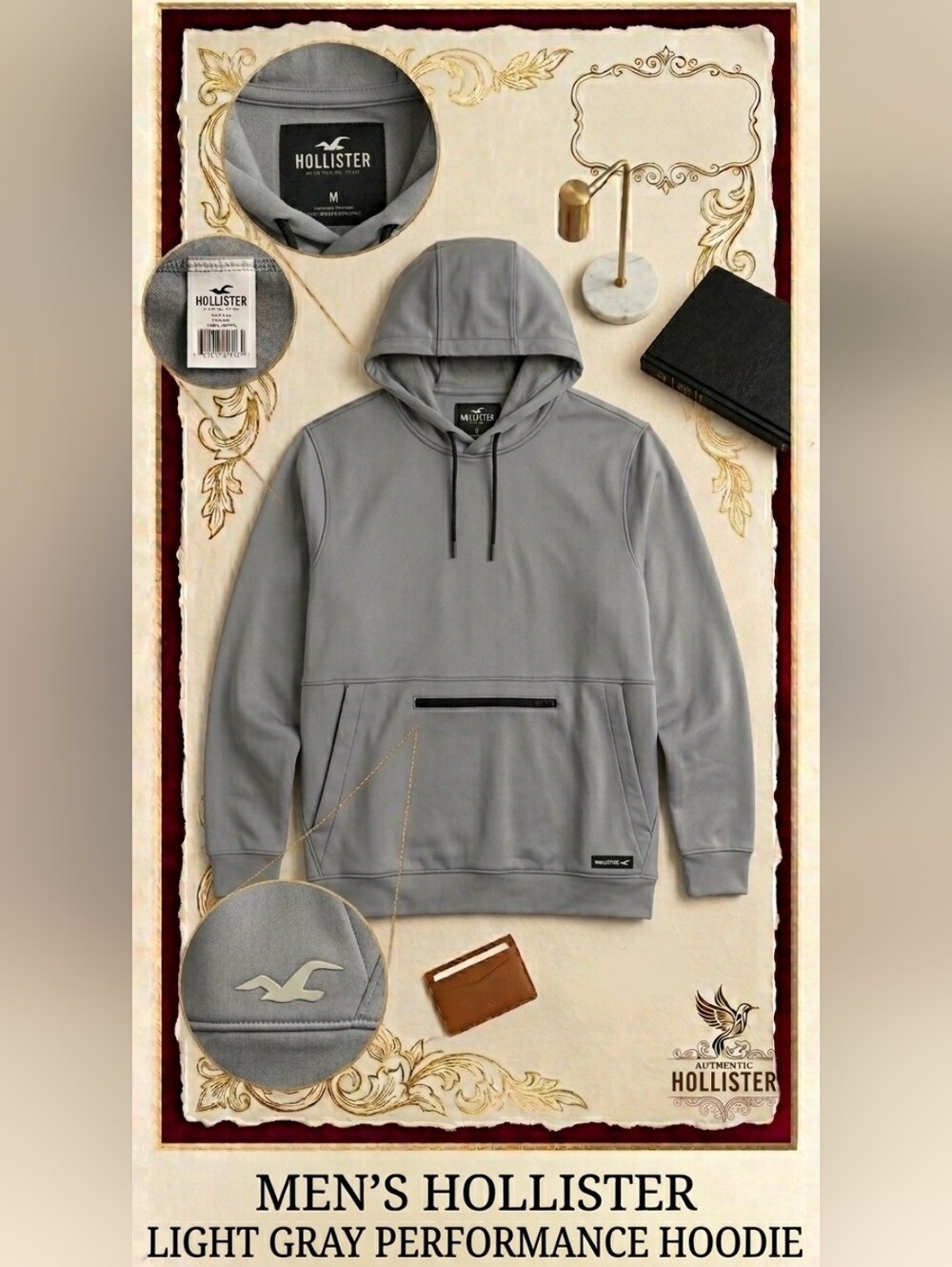 Men’s Hollister Hoodie Light Gray With Small Zip Front Pouch Size Large